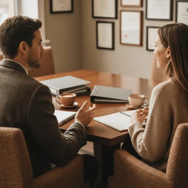 Séance de conseil en évolution professionnelle entre conseiller et bénéficiaire après bilan de compétences